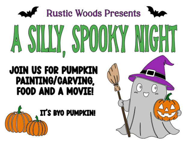 A Silly, Spooky Night pumpkin painting, carving, food, and movie flyer